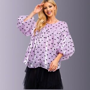 NEW SO PRETTY HEART PRINTED ORGANZA BABYDOLL TOP